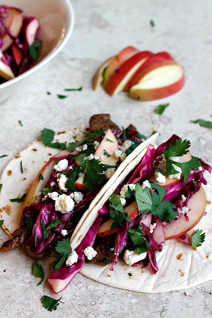 Cider Flank Steak Tacos with Red Cabbage Apple Slaw